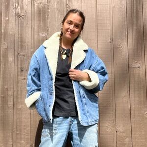 Levi's cream sherpa-lined jacket with brown leather patch